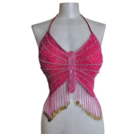 Dos nu papillon rose brodé de perles