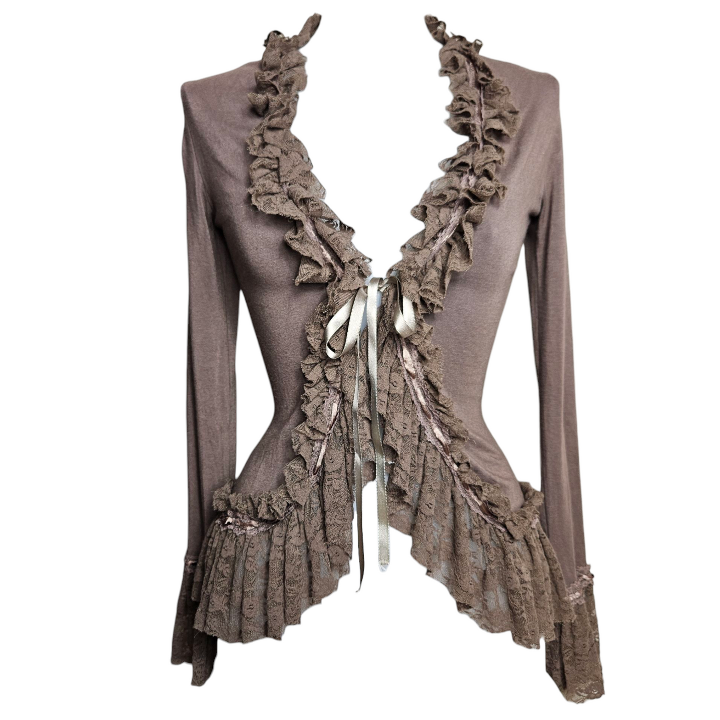 Brown cardigan with lace trim