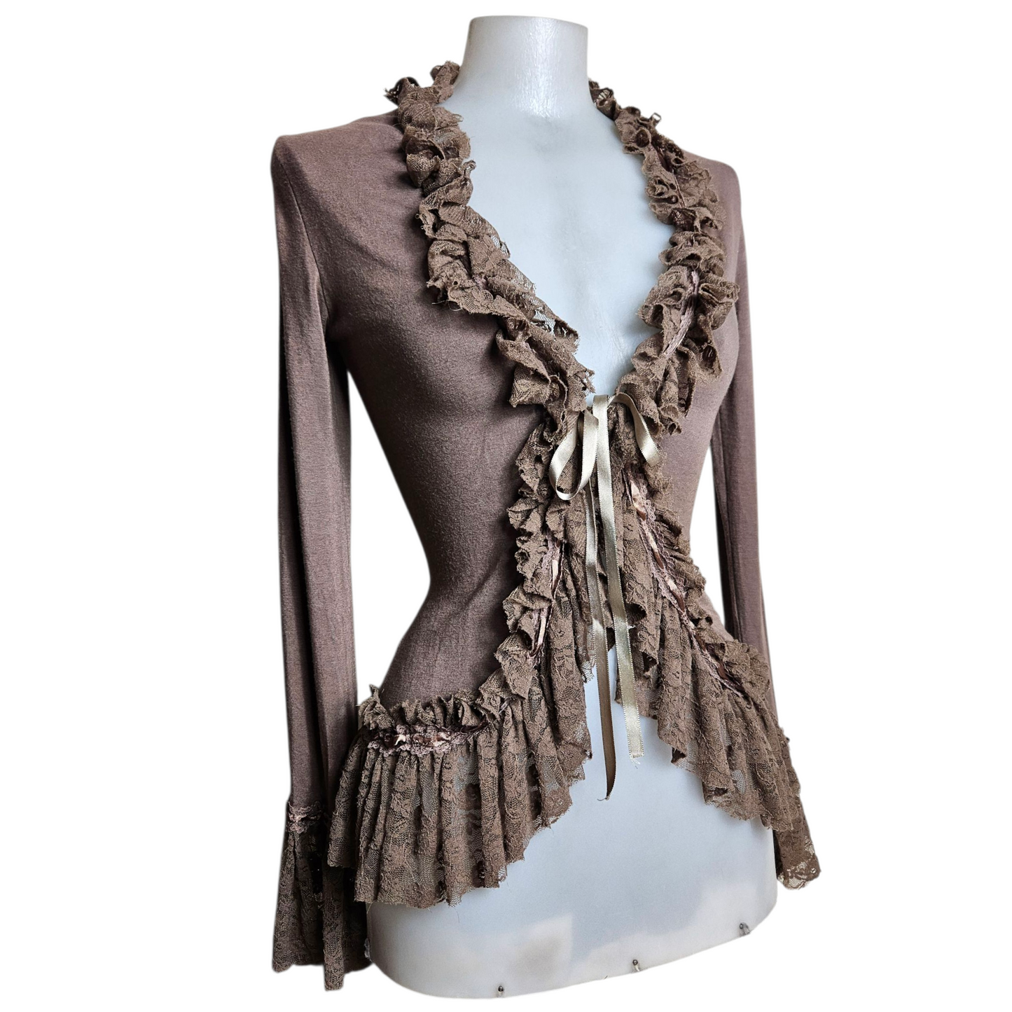 Brown cardigan with lace trim