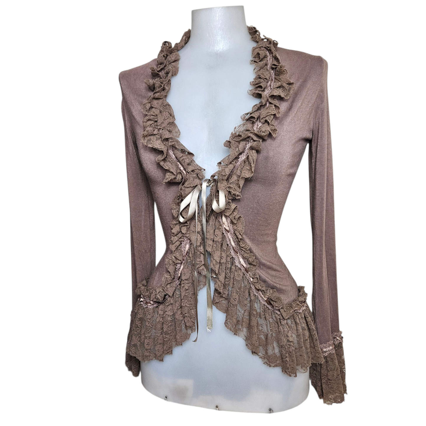 Brown cardigan with lace trim