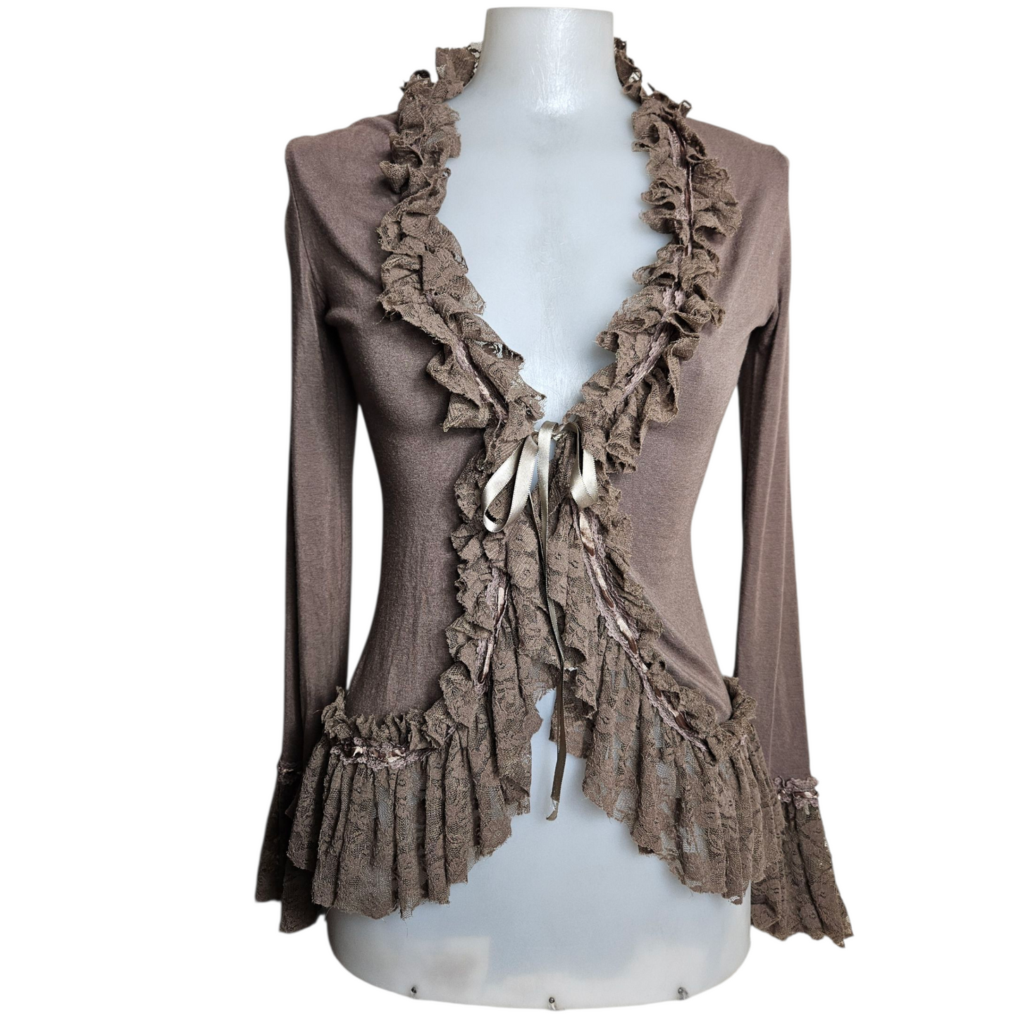 Brown cardigan with lace trim