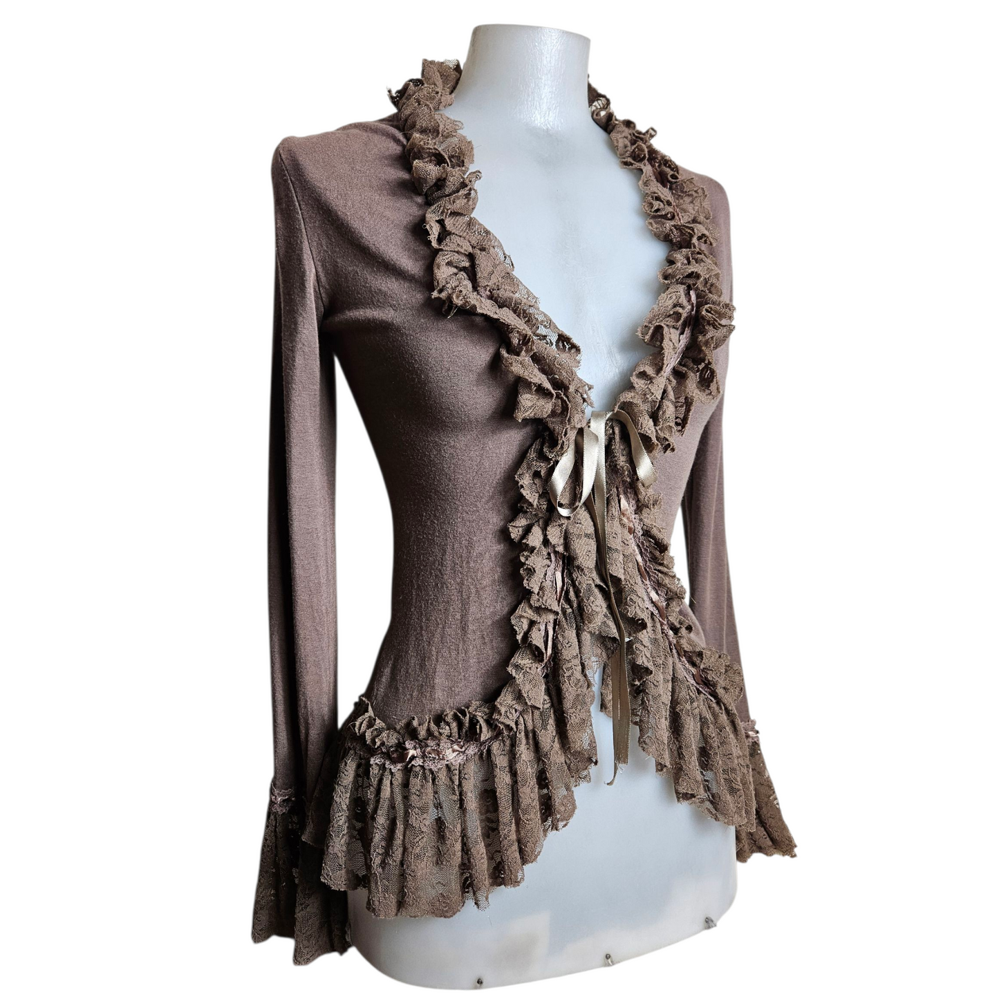 Brown cardigan with lace trim