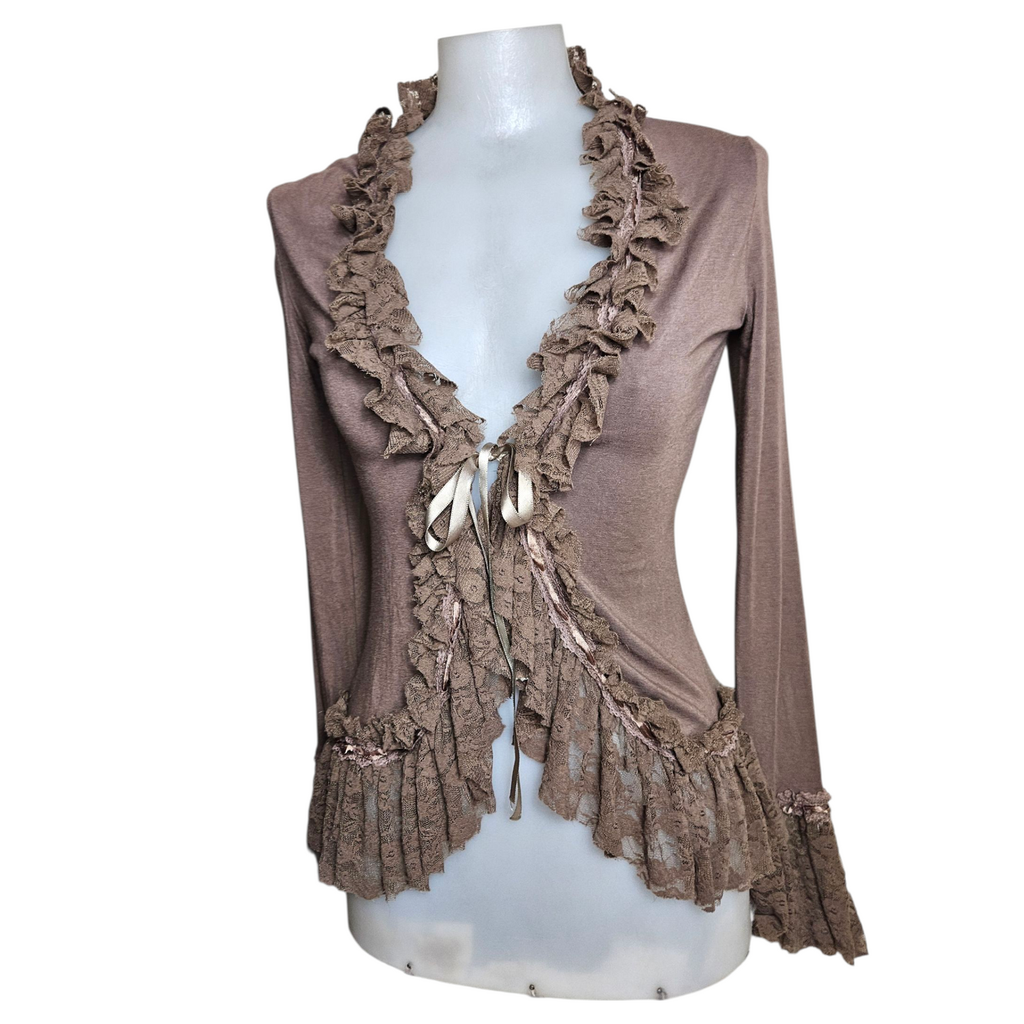 Brown cardigan with lace trim