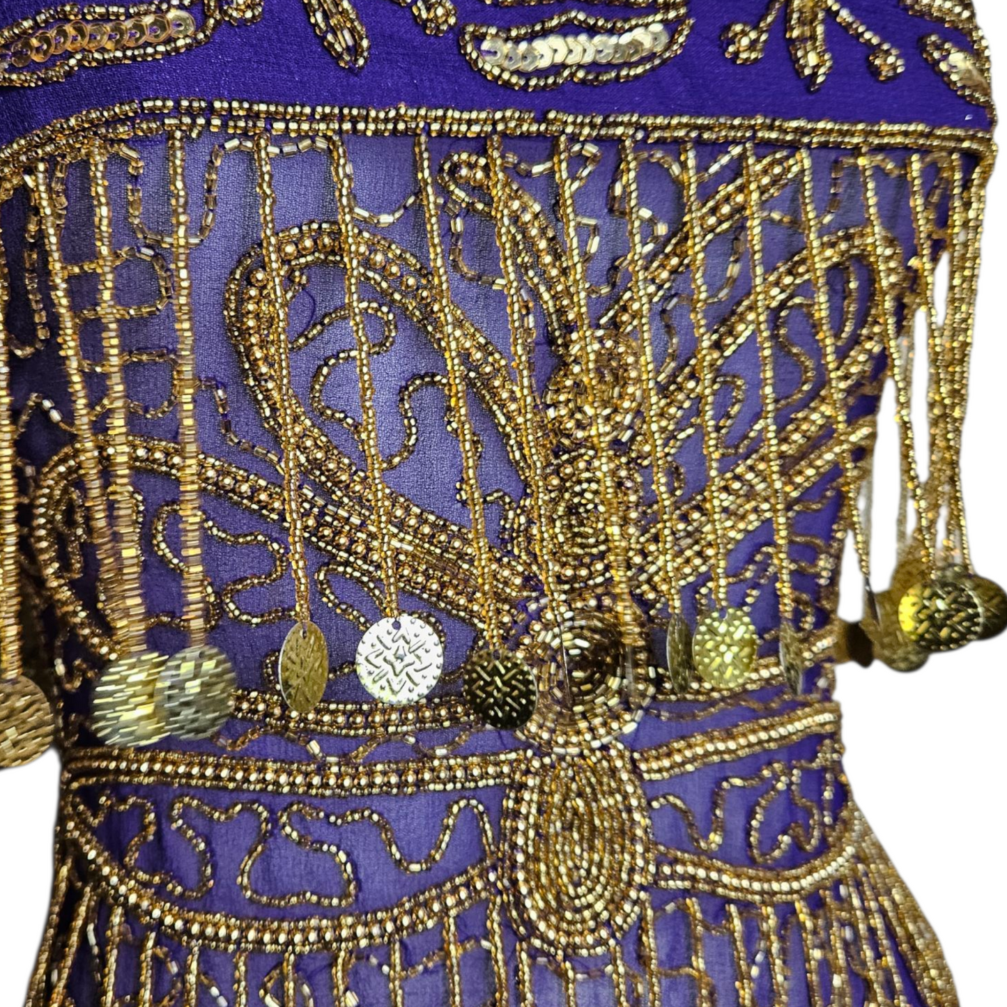 Purple veil belt decorated with pearls and gold sequins