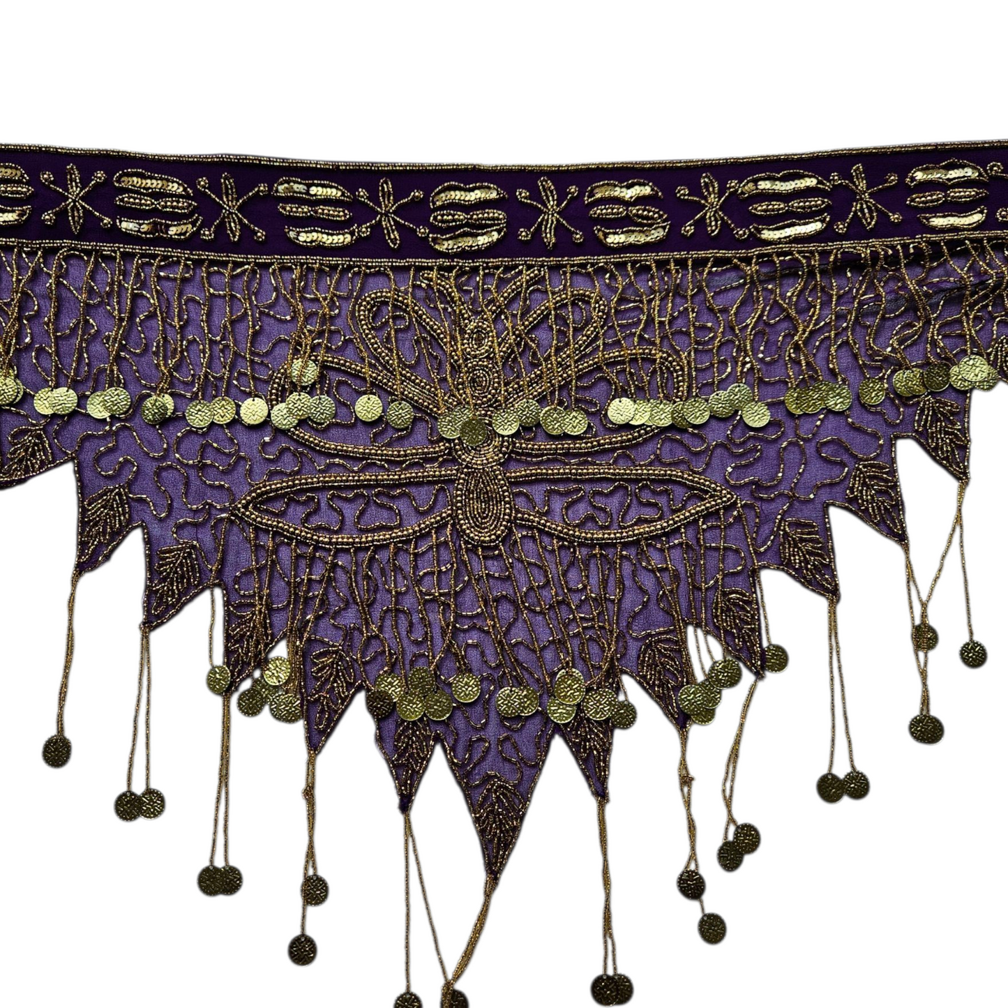 Purple veil belt decorated with pearls and gold sequins