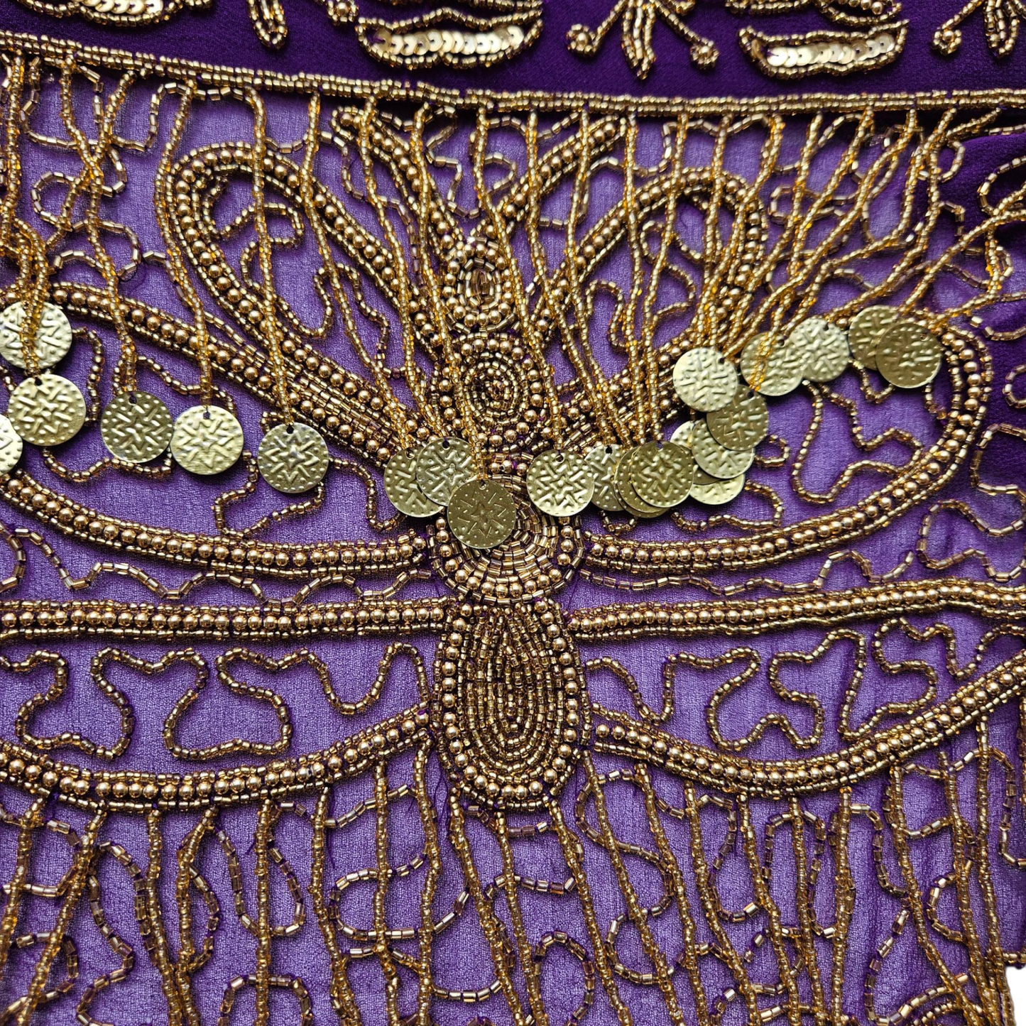 Purple veil belt decorated with pearls and gold sequins