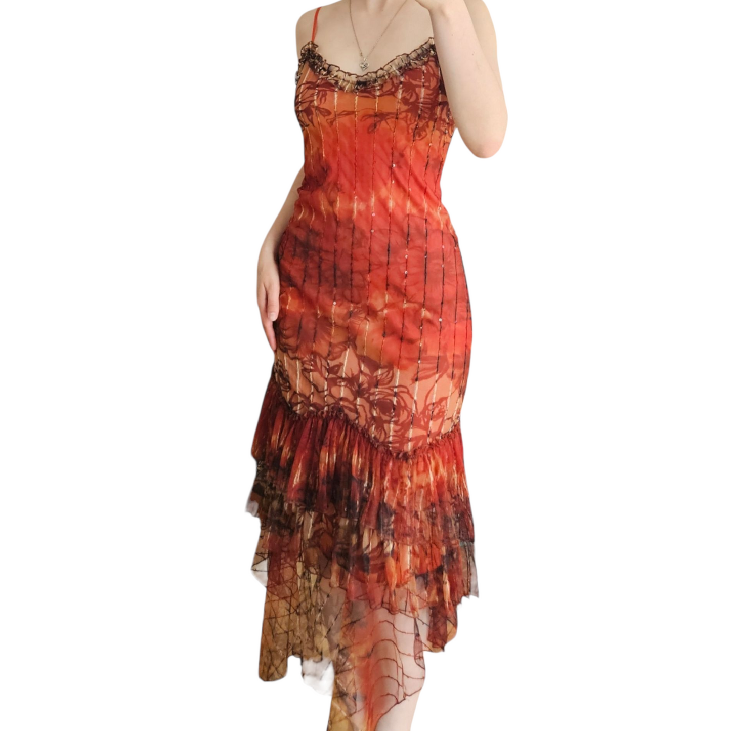 Robe en voile et dentelle orange