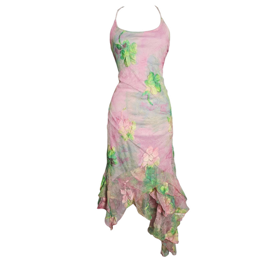 Robe en dentelle florale rose et verte