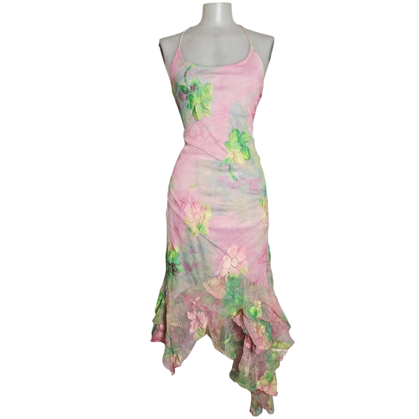 Robe en dentelle florale rose et verte