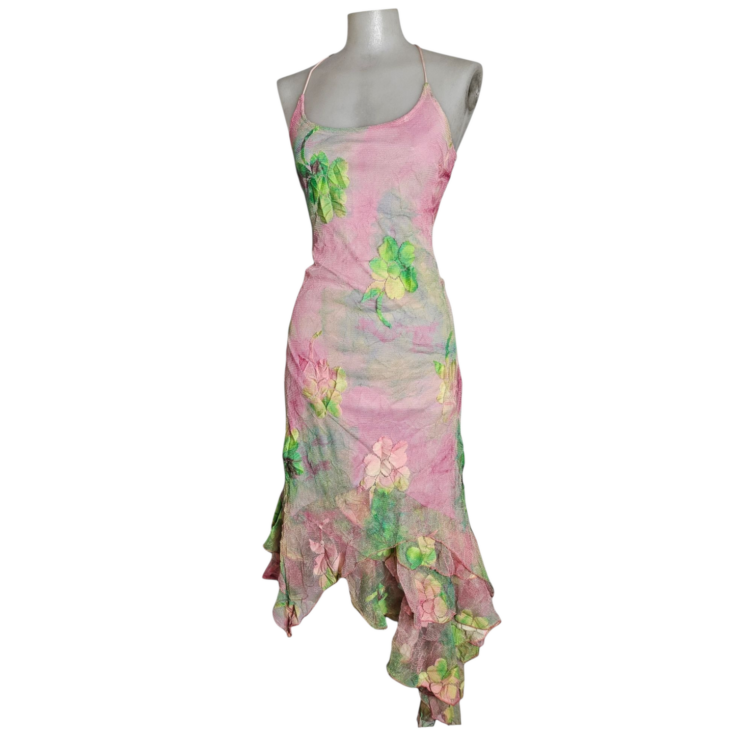 Robe en dentelle florale rose et verte
