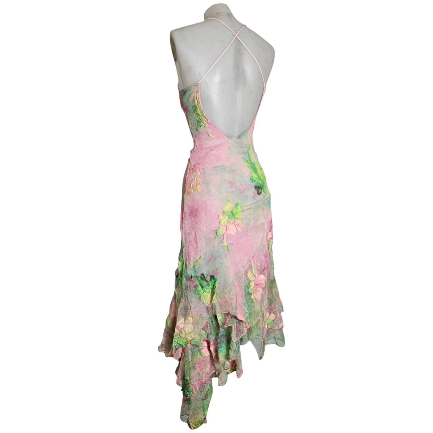 Robe en dentelle florale rose et verte