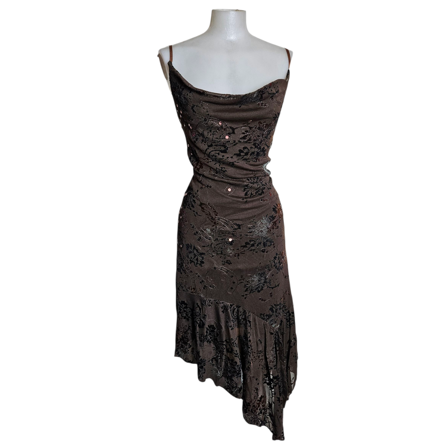Brown floral cowl neck dress