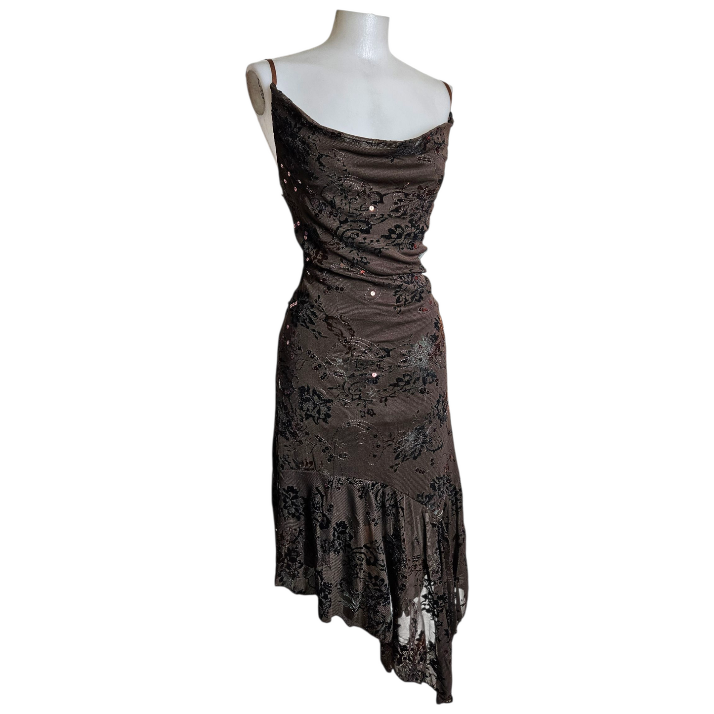 Brown floral cowl neck dress