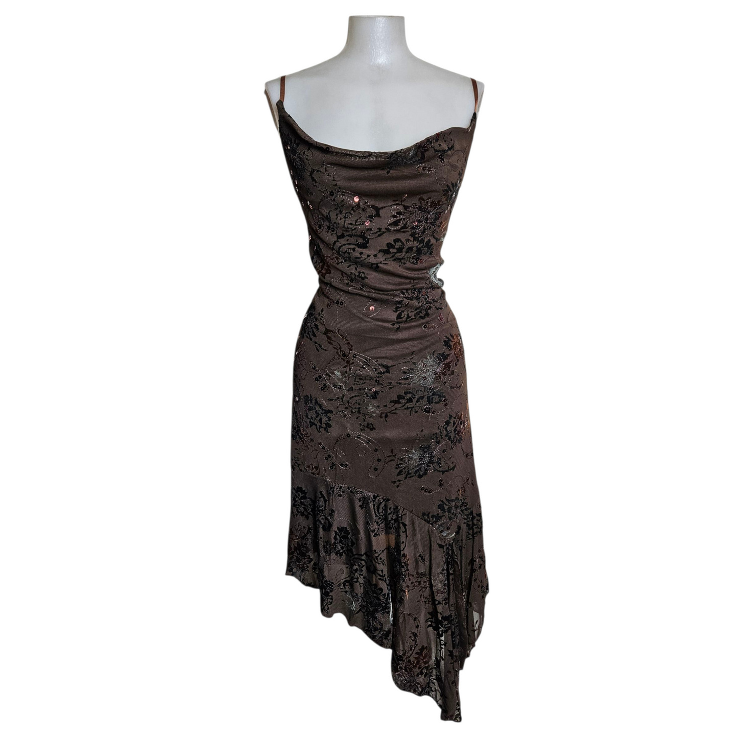 Brown floral cowl neck dress