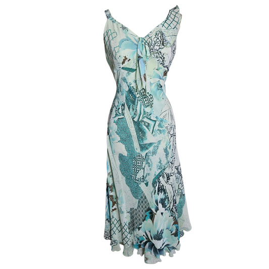 Asymmetrical voile dress in blue tones