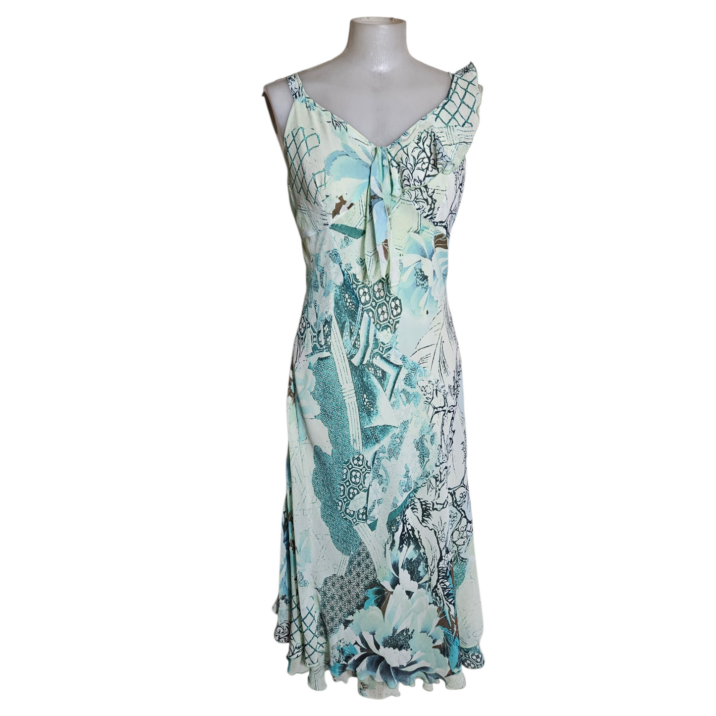 Asymmetrical voile dress in blue tones