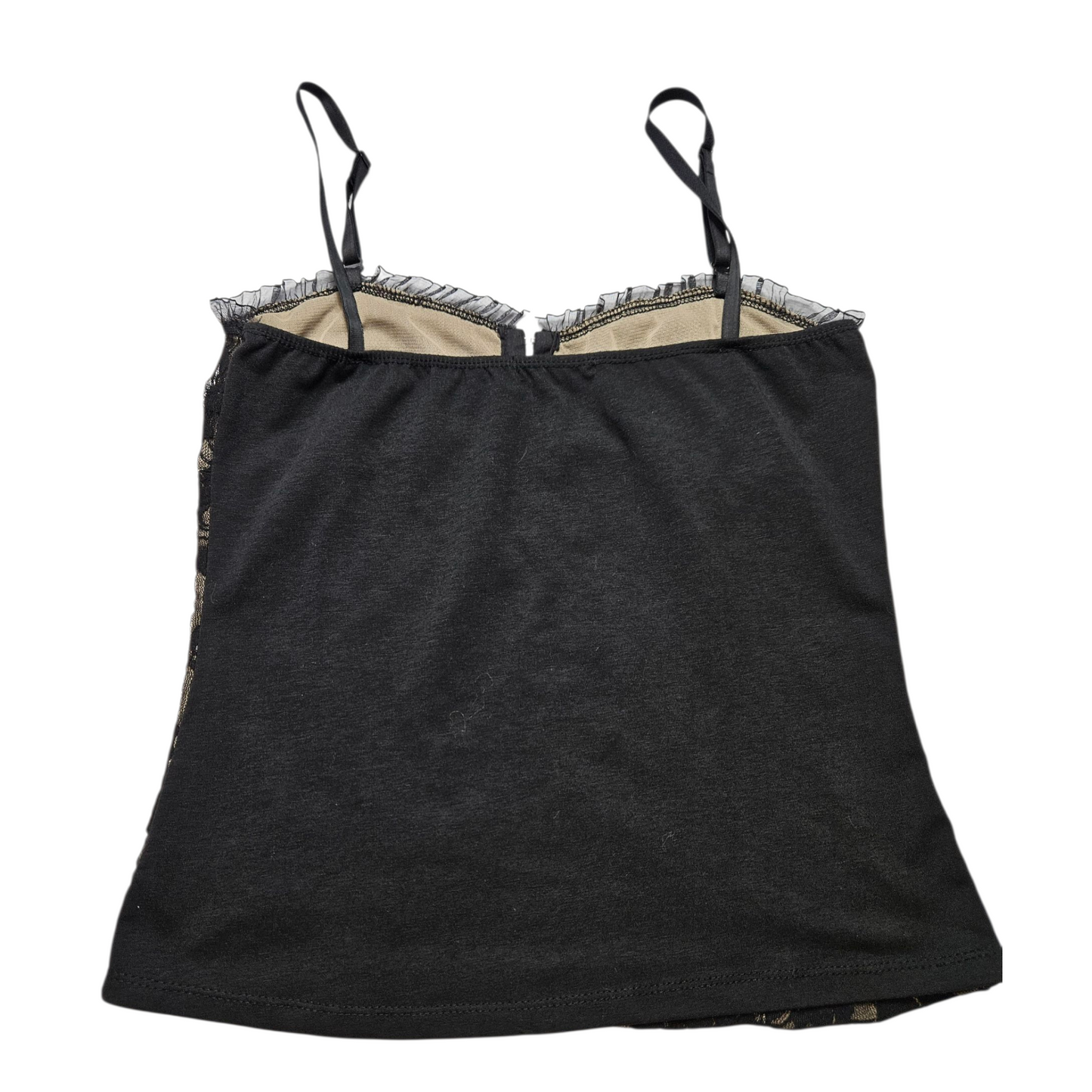 Black lace corset top on a beige background