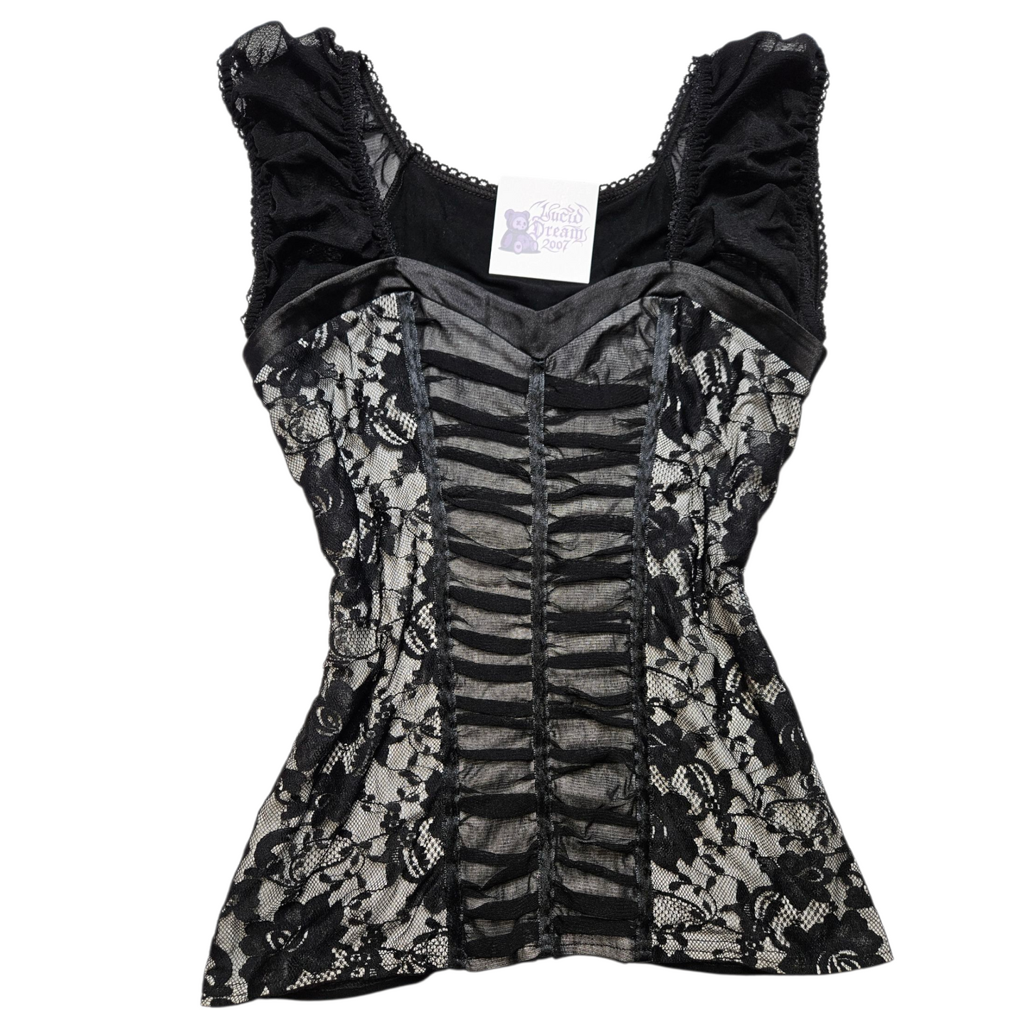 Corset-style top in gray and black voile