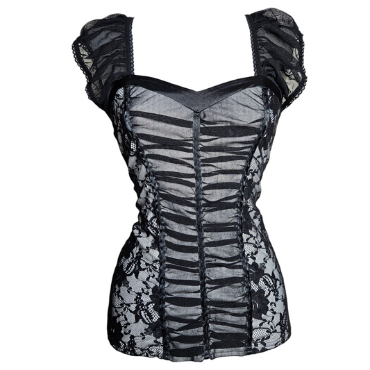Corset-style top in gray and black voile