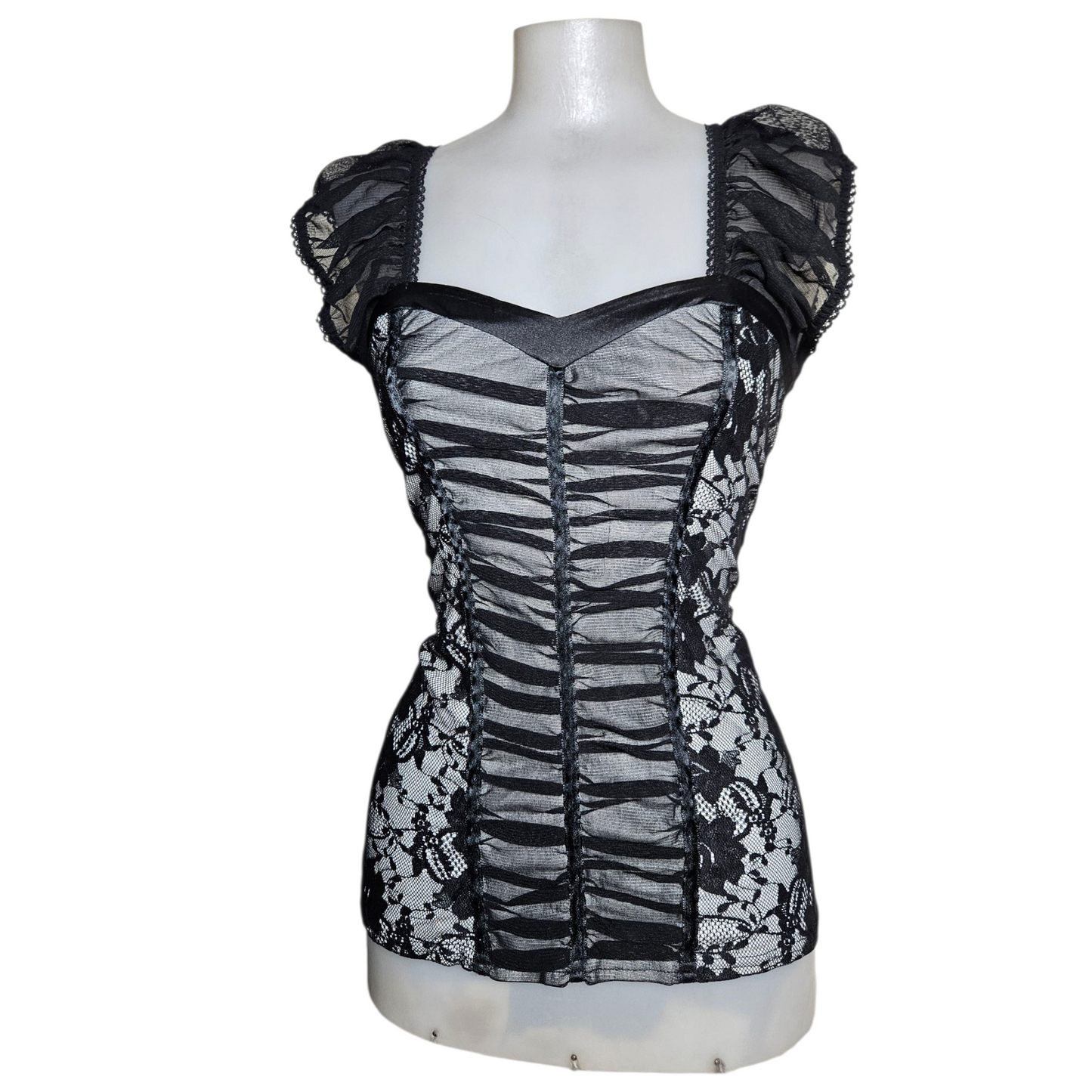 Corset-style top in gray and black voile