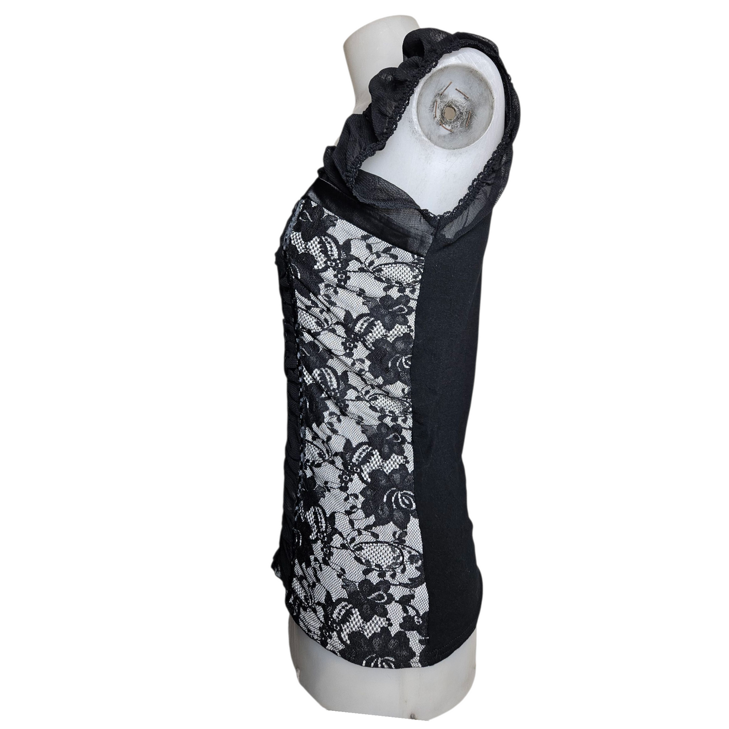 Corset-style top in gray and black voile