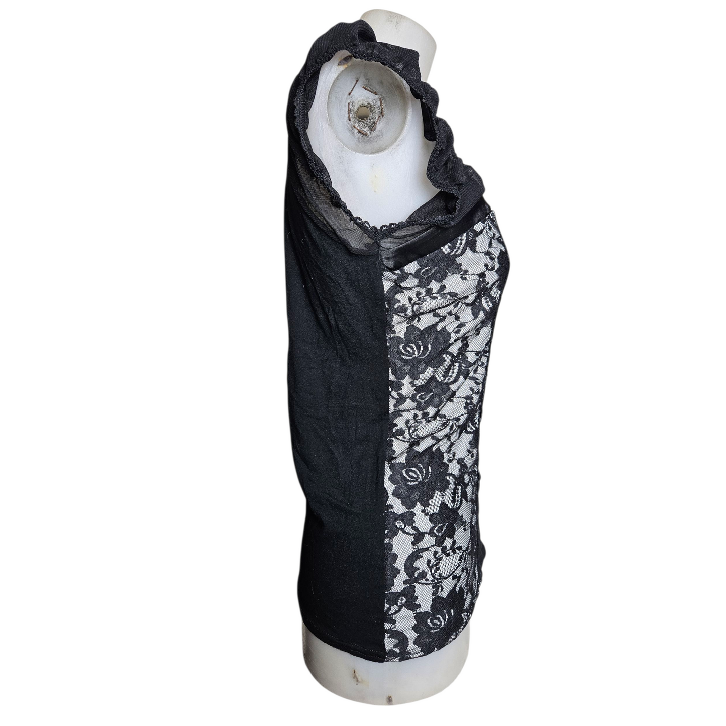 Corset-style top in gray and black voile