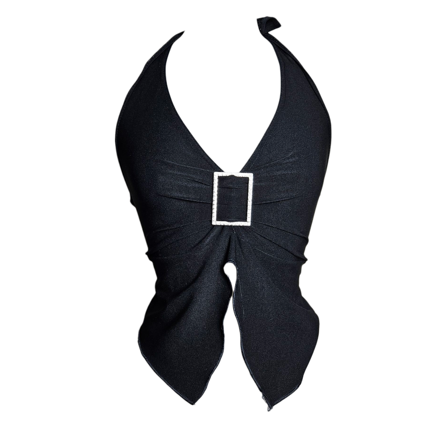 Black open back with silver buckle details