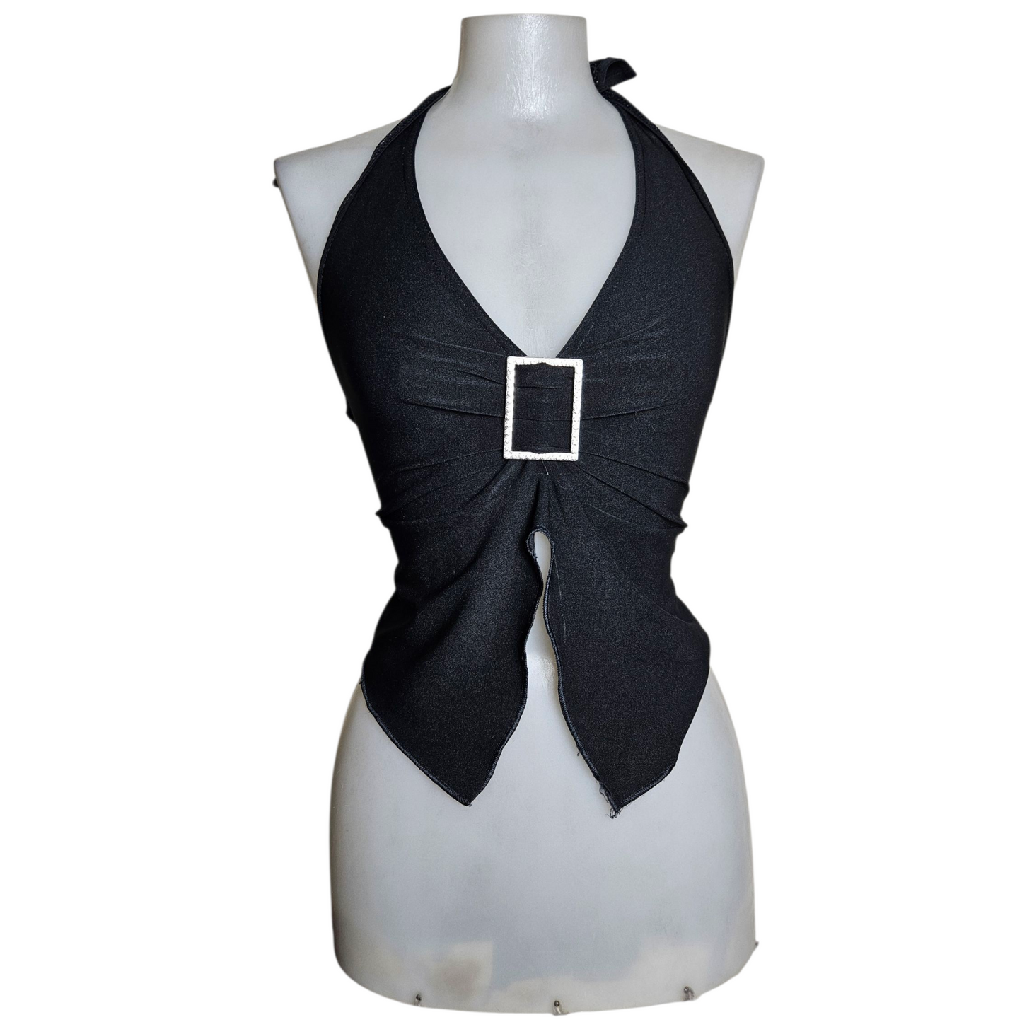 Black open back with silver buckle details