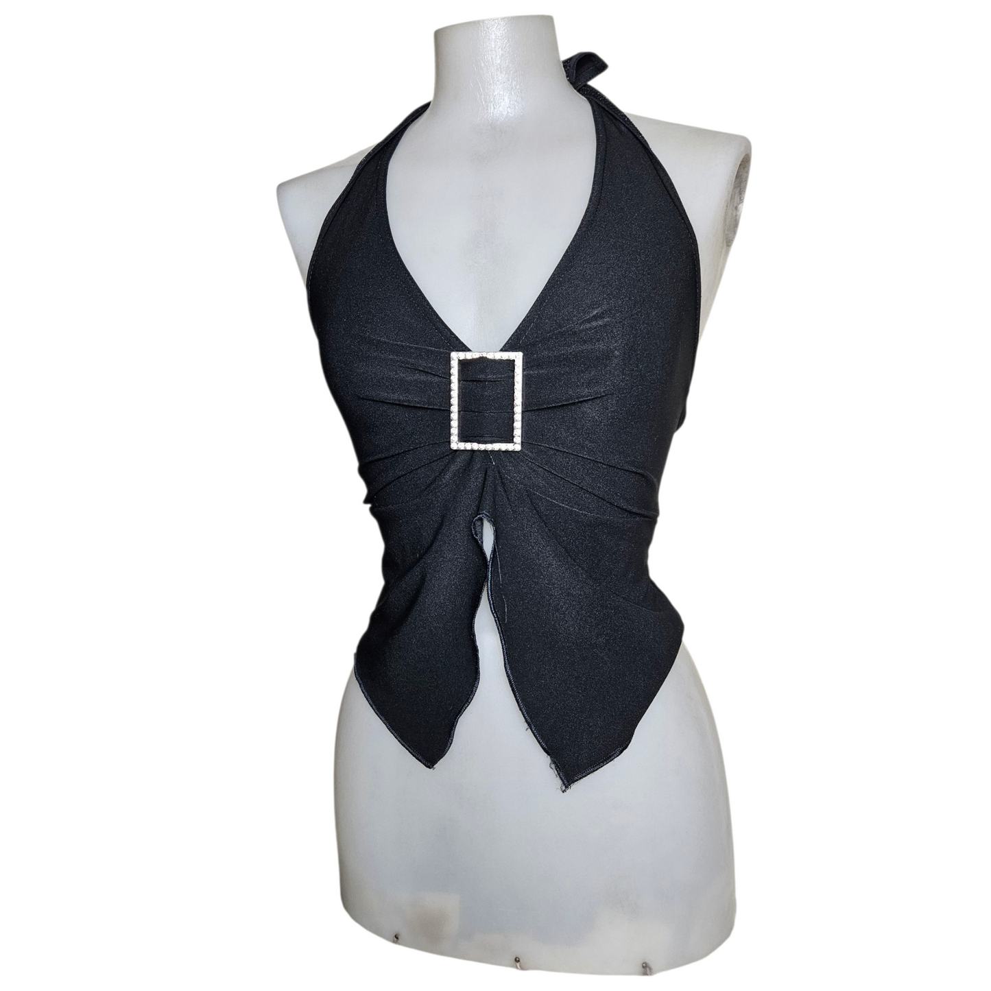 Black open back with silver buckle details