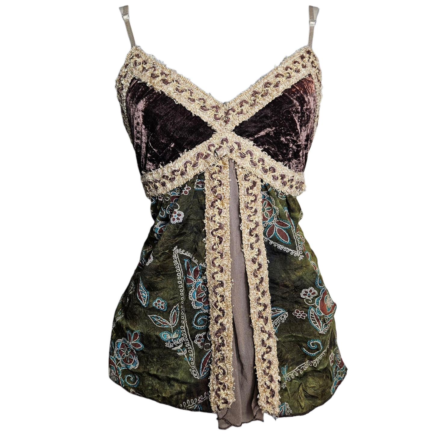 Multi-material fairycore top in brown and green tones