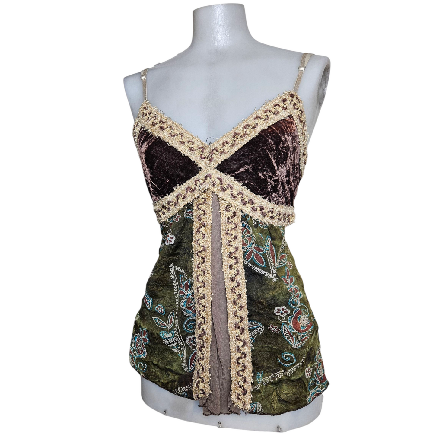 Multi-material fairycore top in brown and green tones