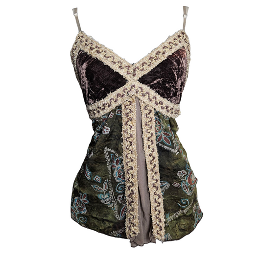 Multi-material fairycore top in brown and green tones