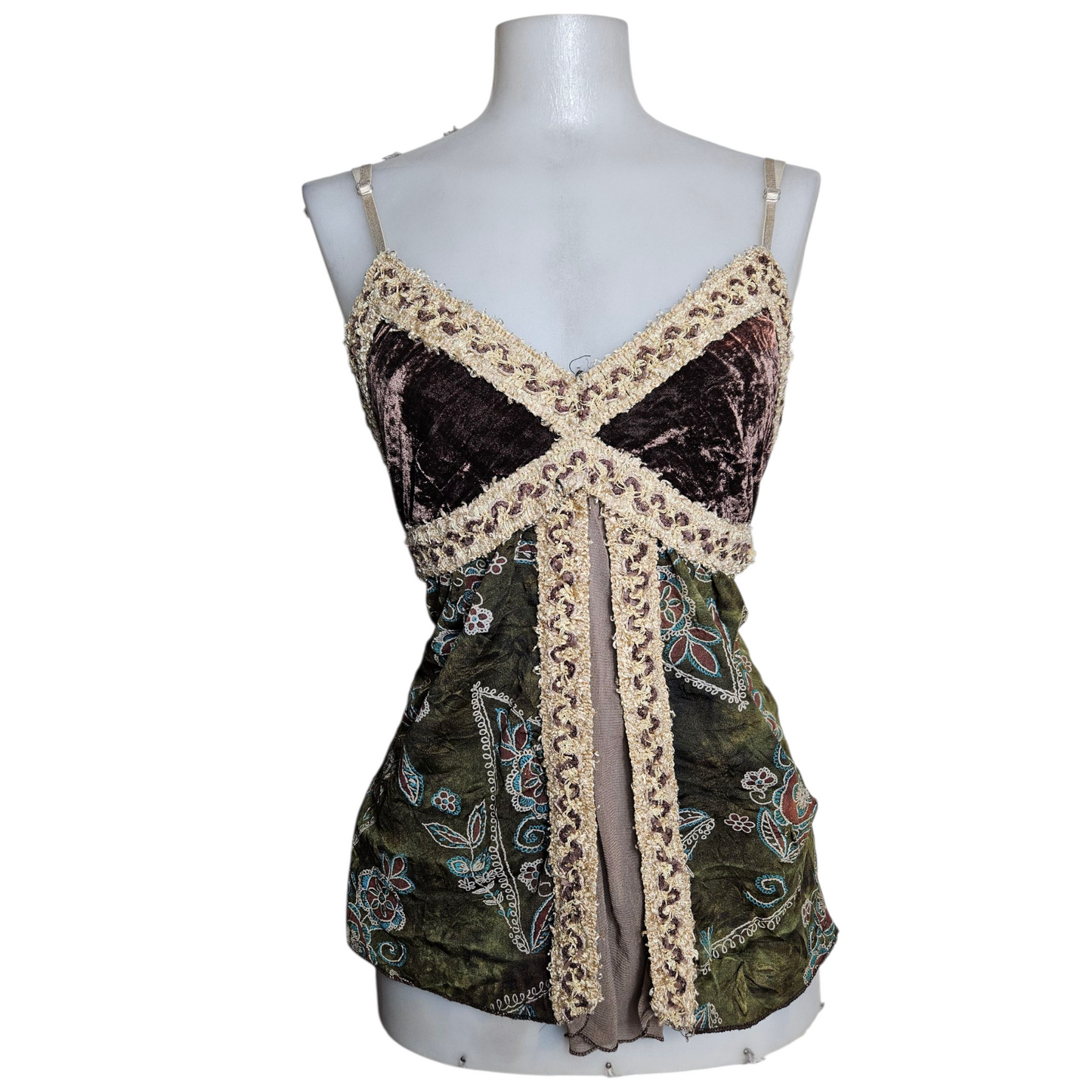 Multi-material fairycore top in brown and green tones