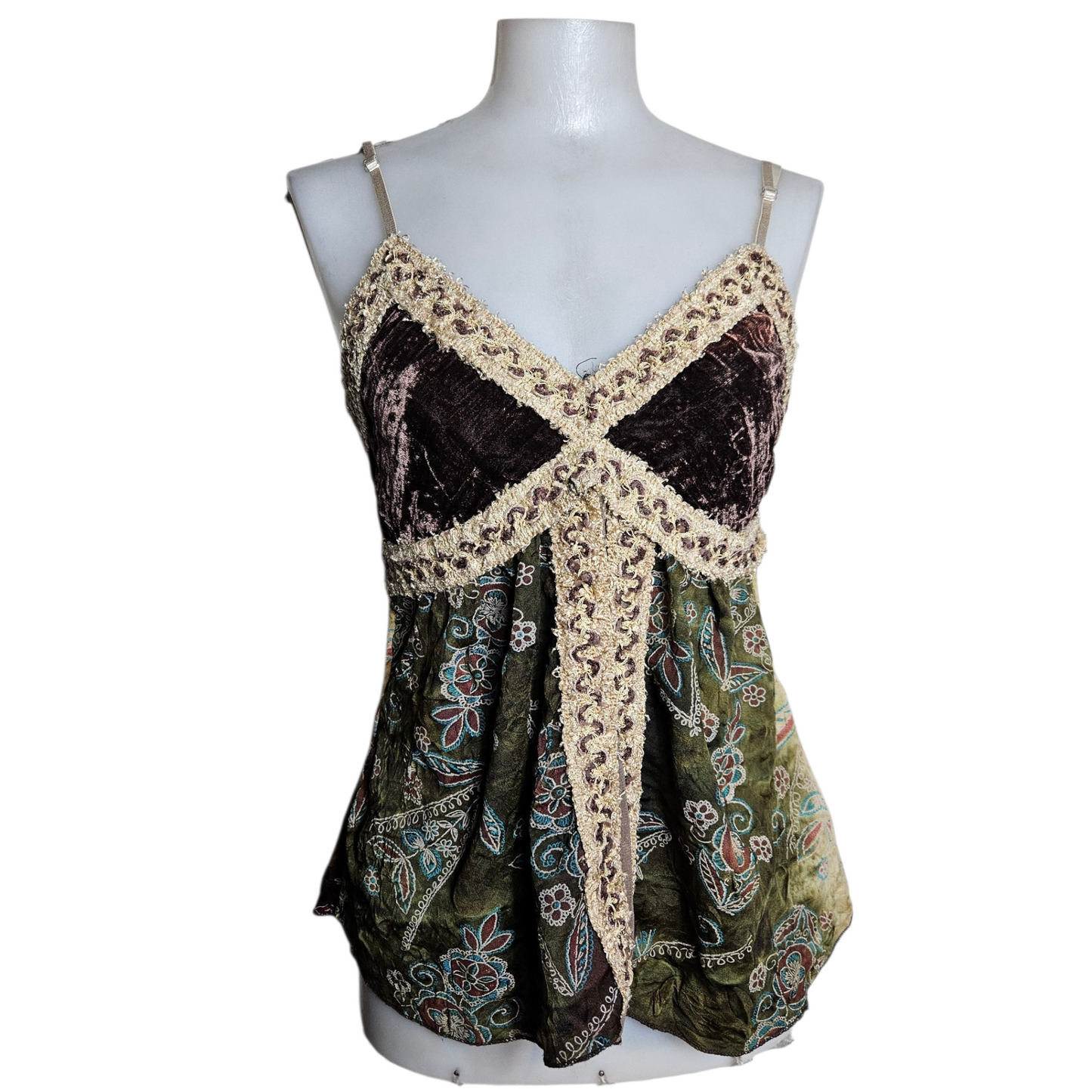 Multi-material fairycore top in brown and green tones