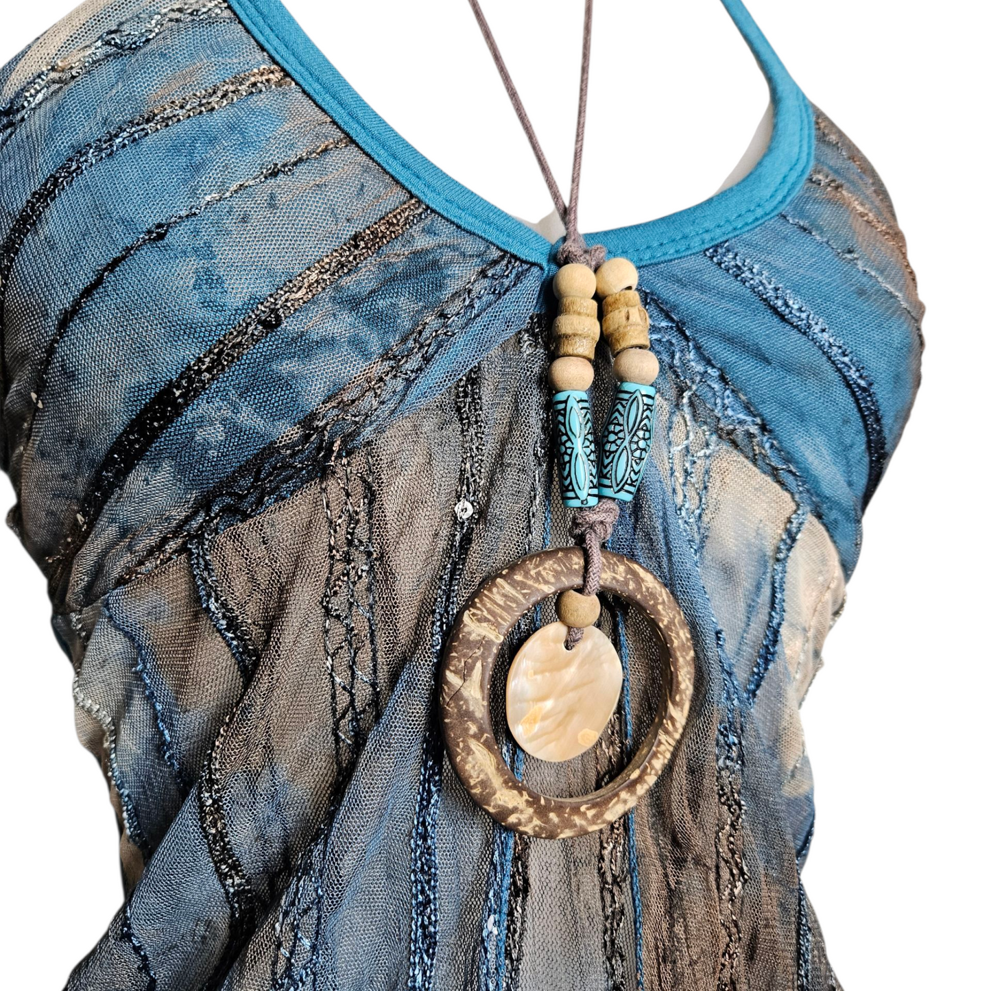 Blue and brown voile open back
