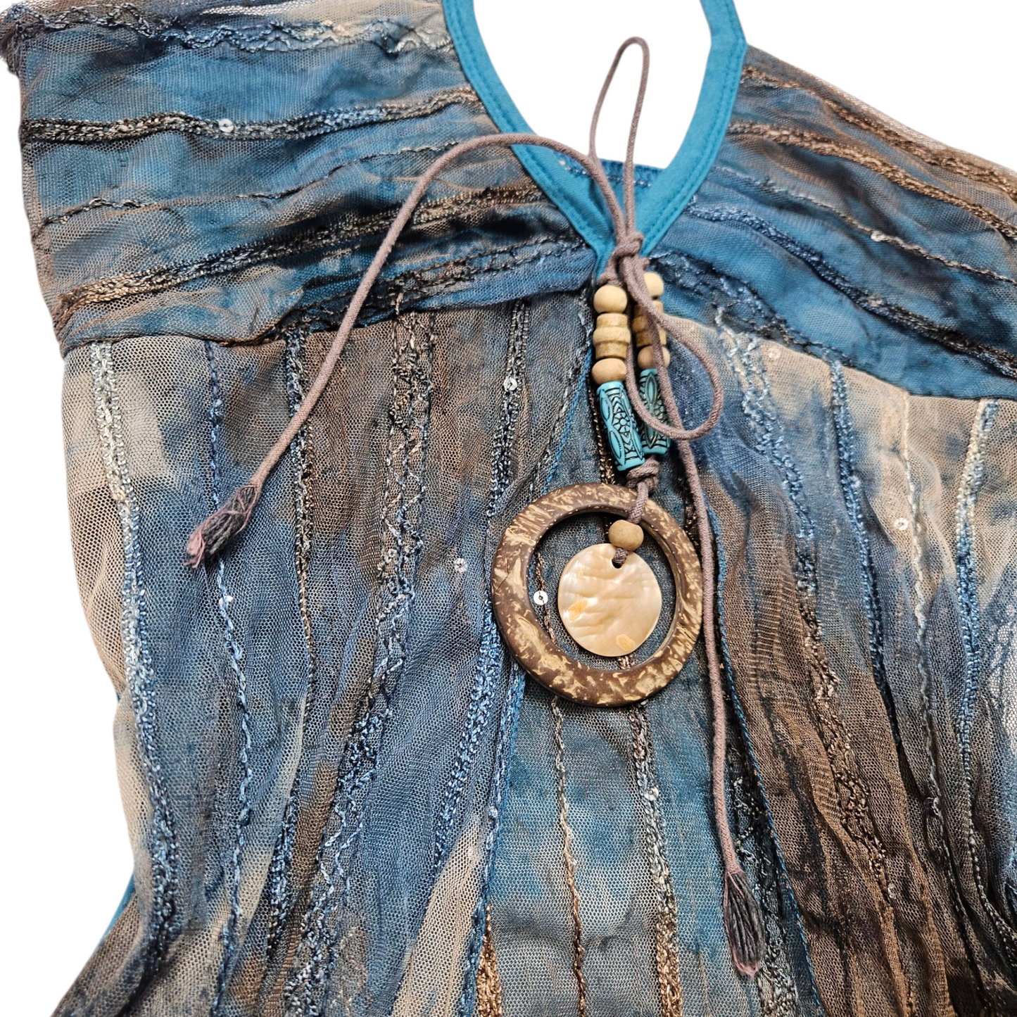 Blue and brown voile open back
