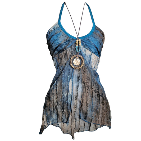 Blue and brown voile open back