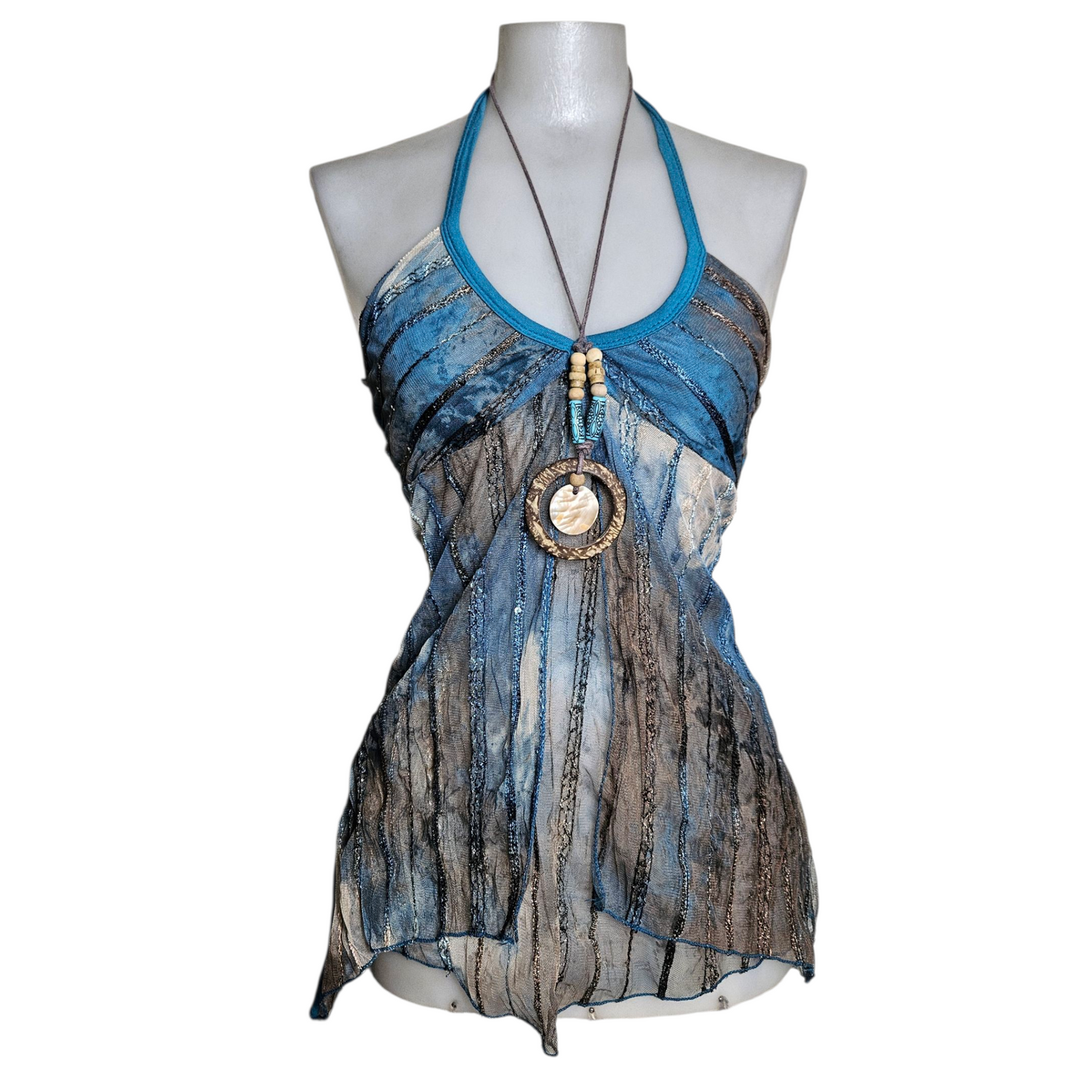 Blue and brown voile open back