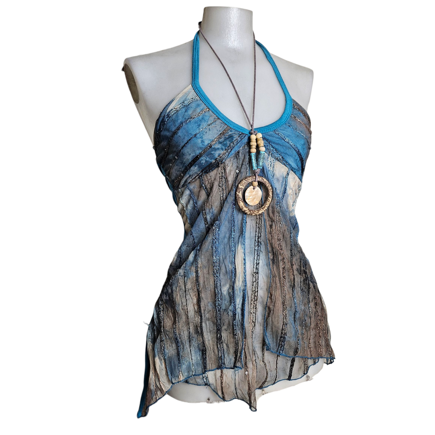 Blue and brown voile open back