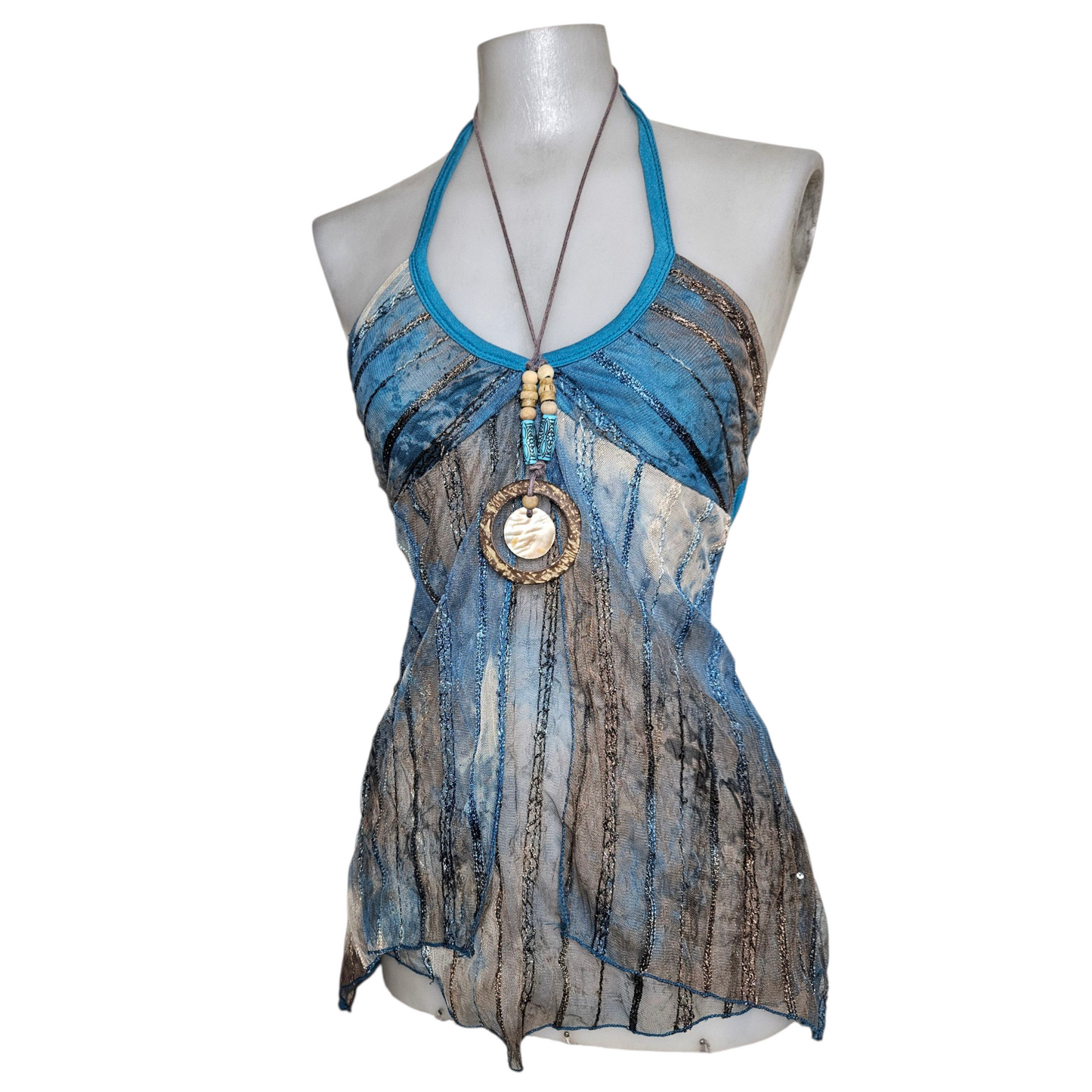 Blue and brown voile open back