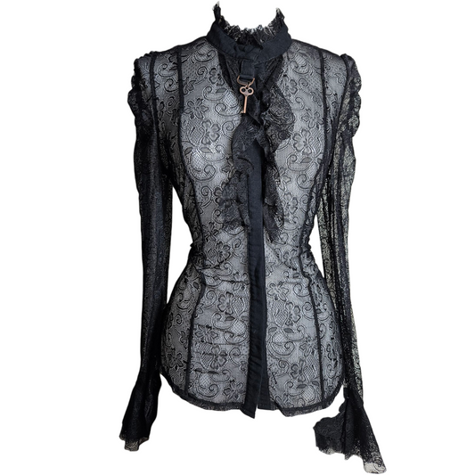 Black lace blouse with key buckle
