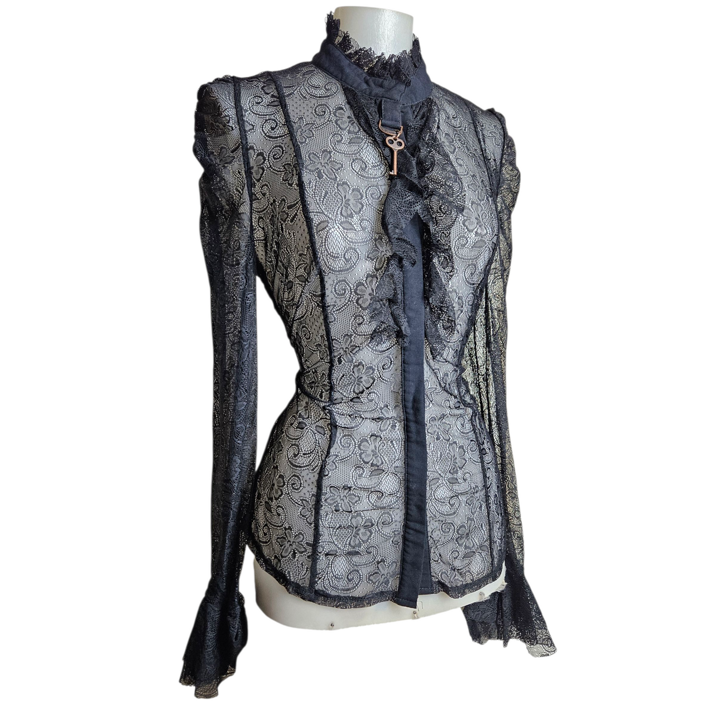 Black lace blouse with key buckle