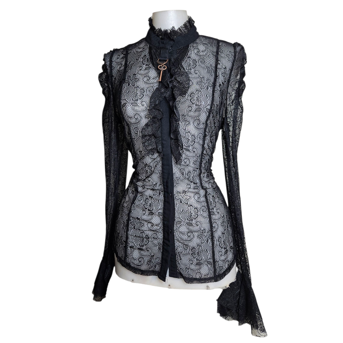 Black lace blouse with key buckle