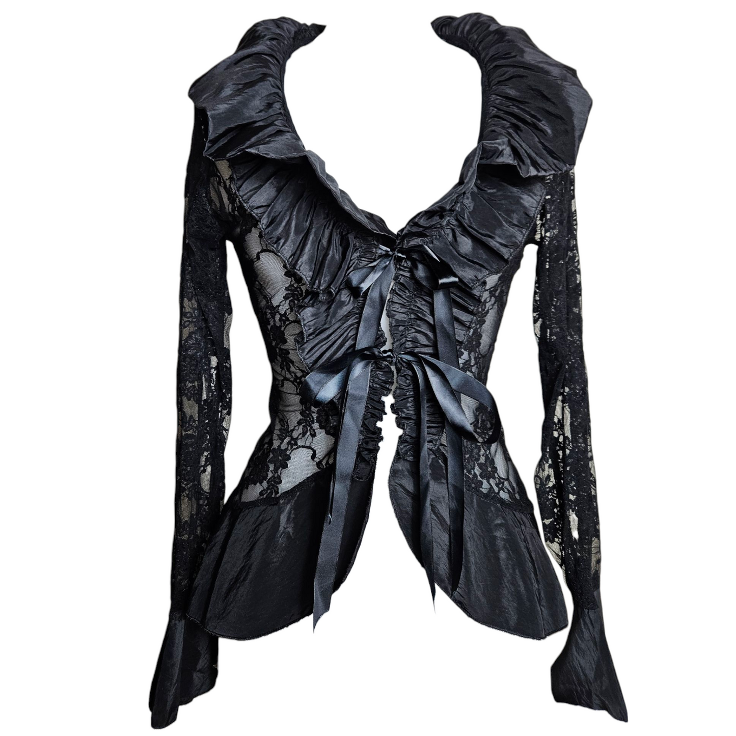 Lace blouse with satin ruffled collar