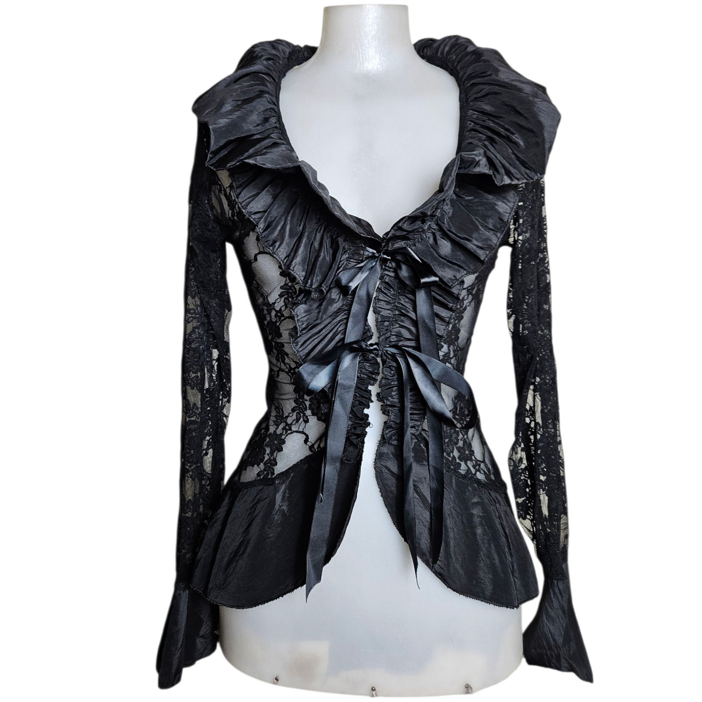 Lace blouse with satin ruffled collar