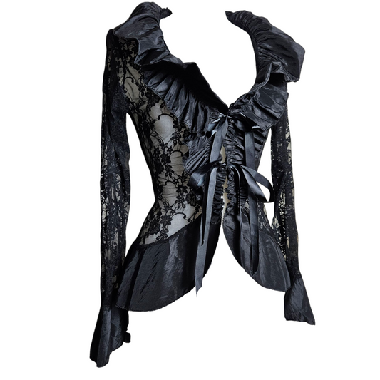 Lace blouse with satin ruffled collar