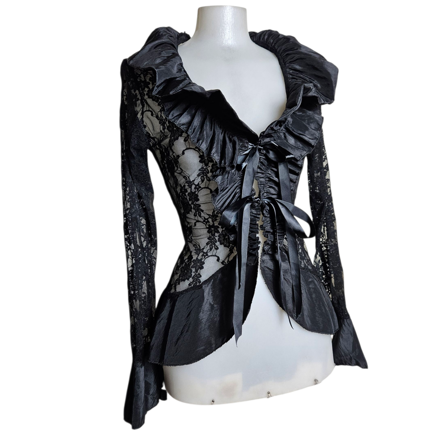 Lace blouse with satin ruffled collar