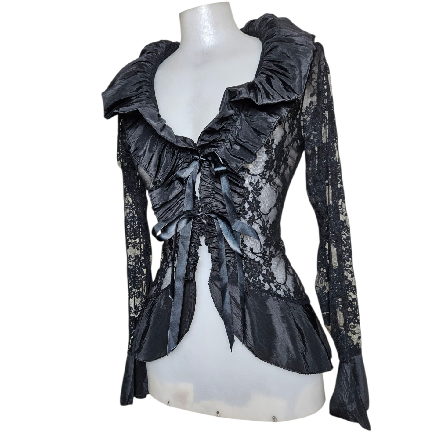 Lace blouse with satin ruffled collar