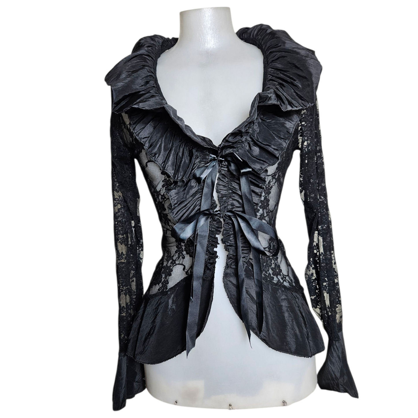 Lace blouse with satin ruffled collar