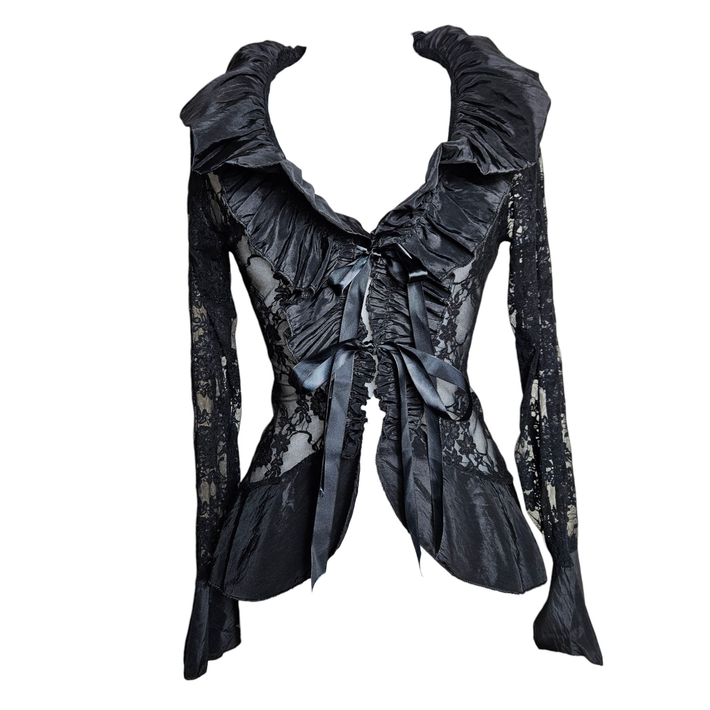 Lace blouse with satin ruffled collar